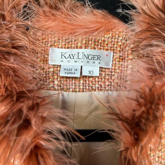 Kay Unger Women's Stunning Orange Tweed Blazer with Ostrich Feather Trim Size 10 - Picture 5 of 9